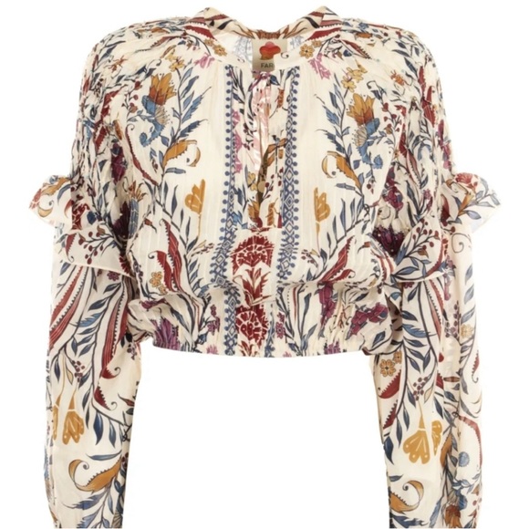 FARM Rio Floral Cropped Blouse with Green and Red Accents - Picture 1 of 8